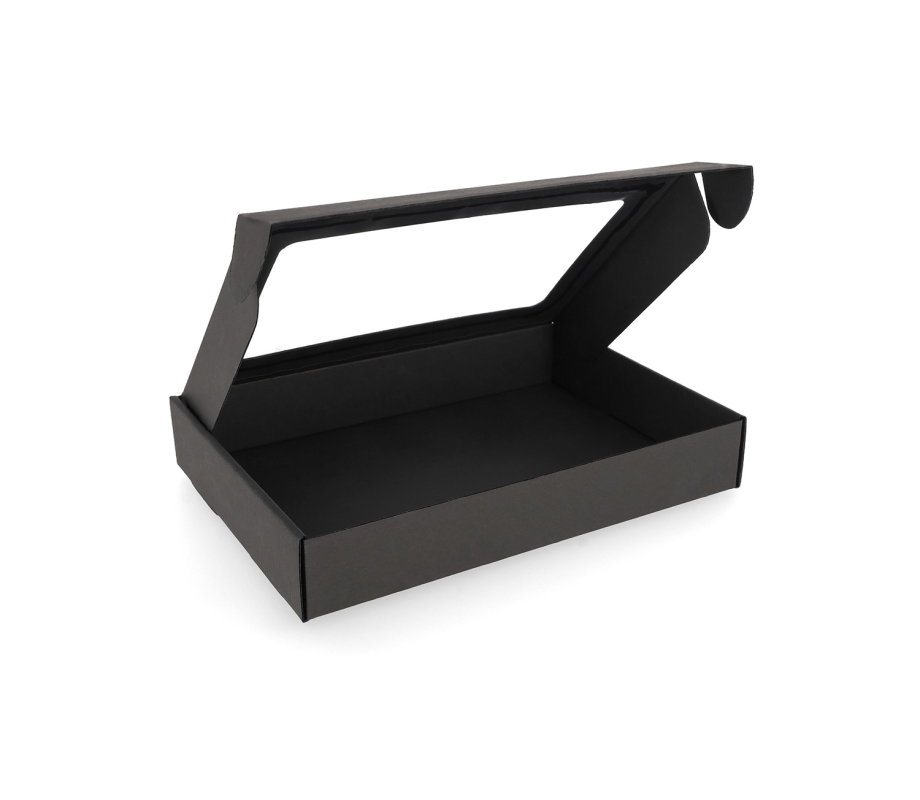 427-3L: 300 x 215 x 50 mm kartona ātri aizverama kaste ar logu FEFCO 0427 1