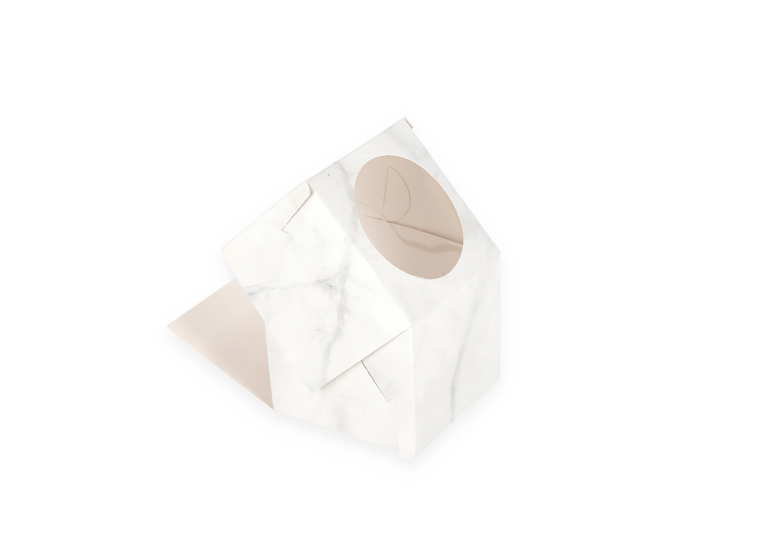 AKC/D1: 90 x 90 x 80 mm Saliekama kastīte vienam desertam ar PVC lodziņu, marmora krāsā 2