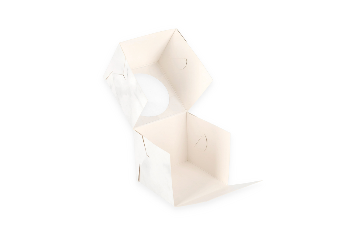 AKC/D1: 90 x 90 x 80 mm Saliekama kastīte vienam desertam ar PVC lodziņu, marmora krāsā 3