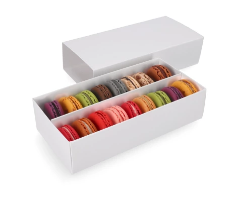 MAC-2/B: 200 x 100 x 50 mm, Baltas krāsas kastīte saldumiem un macarons cepumiem (10 gab.) 1