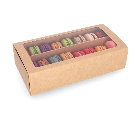 MAC-2/R: 200 x 100 x 50 mm, Brūna krāsa saldumu un macarons cepumu kastīte ar caurspīdīgu logu (10gab.) 1