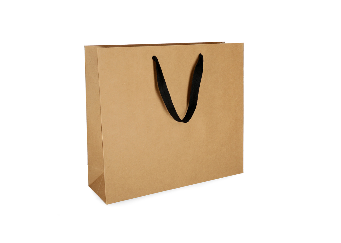 OMG-8: 450x150x350 mm Grezns papīra dāvanu maisiņš ar ielīmētiem melniem auduma rokturiem 1