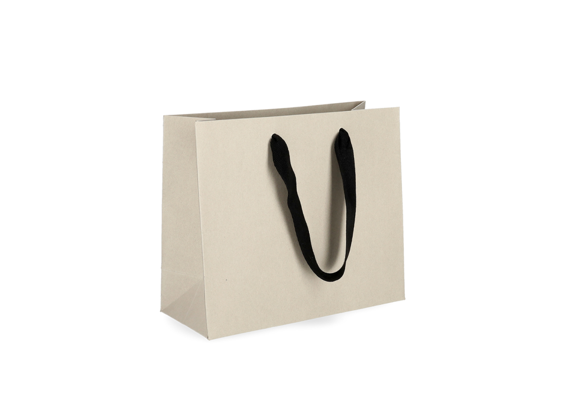 OMG-8: 450x150x350 mm Grezns papīra dāvanu maisiņš ar ielīmētiem melniem auduma rokturiem 1