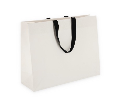 OMG-8: 450x150x350 mm Grezns papīra dāvanu maisiņš ar ielīmētiem melniem auduma rokturiem 1