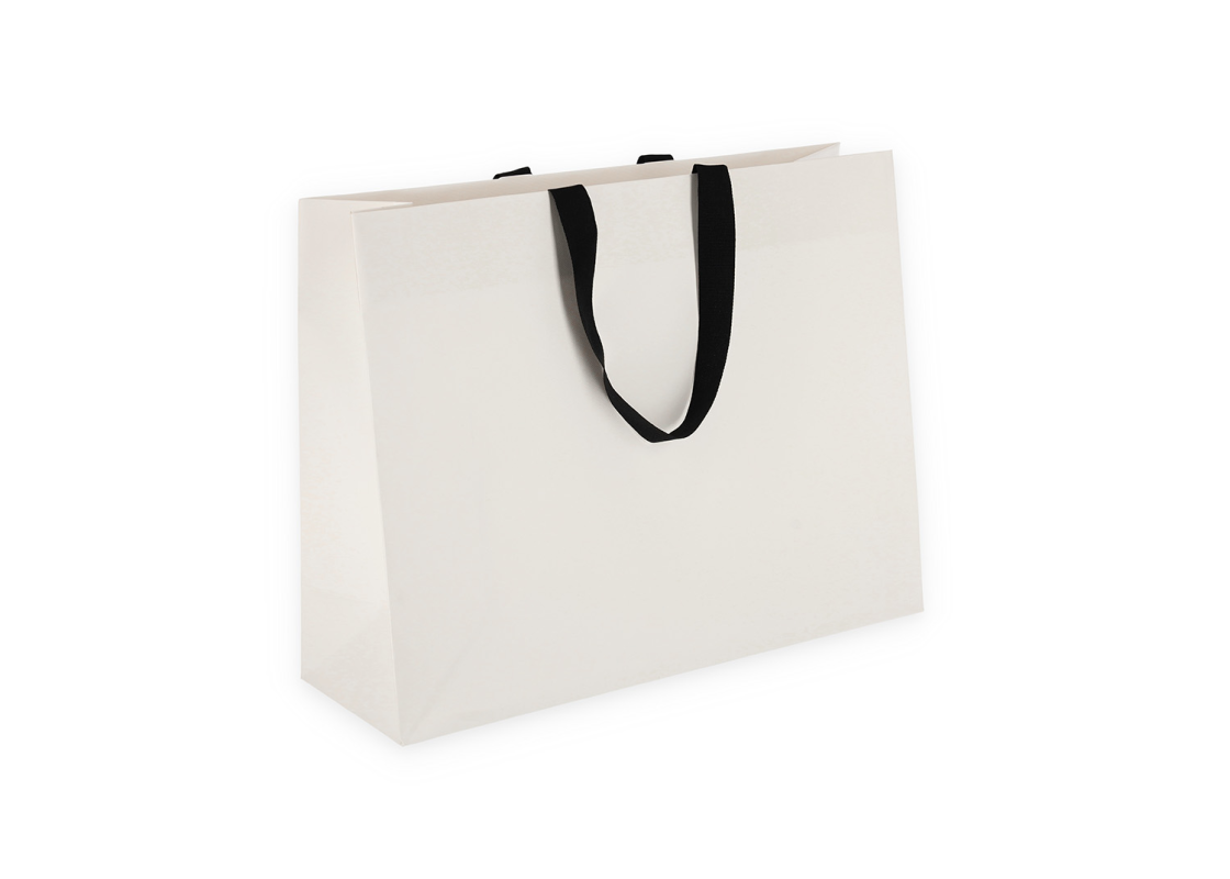 OMG-8: 450x150x350 mm Grezns papīra dāvanu maisiņš ar ielīmētiem melniem auduma rokturiem 1