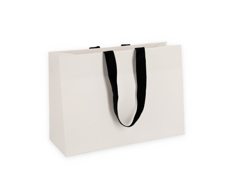 OMG-7: 340x130x240 mm Grezns papīra dāvanu maisiņš ar ielīmētiem melniem auduma rokturiem 1